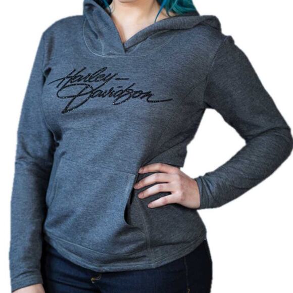 Harley Davidson Logo Hoodie Gray Sweatshirt Crystal Pullover Hooded Script Sz S - Picture 1 of 9